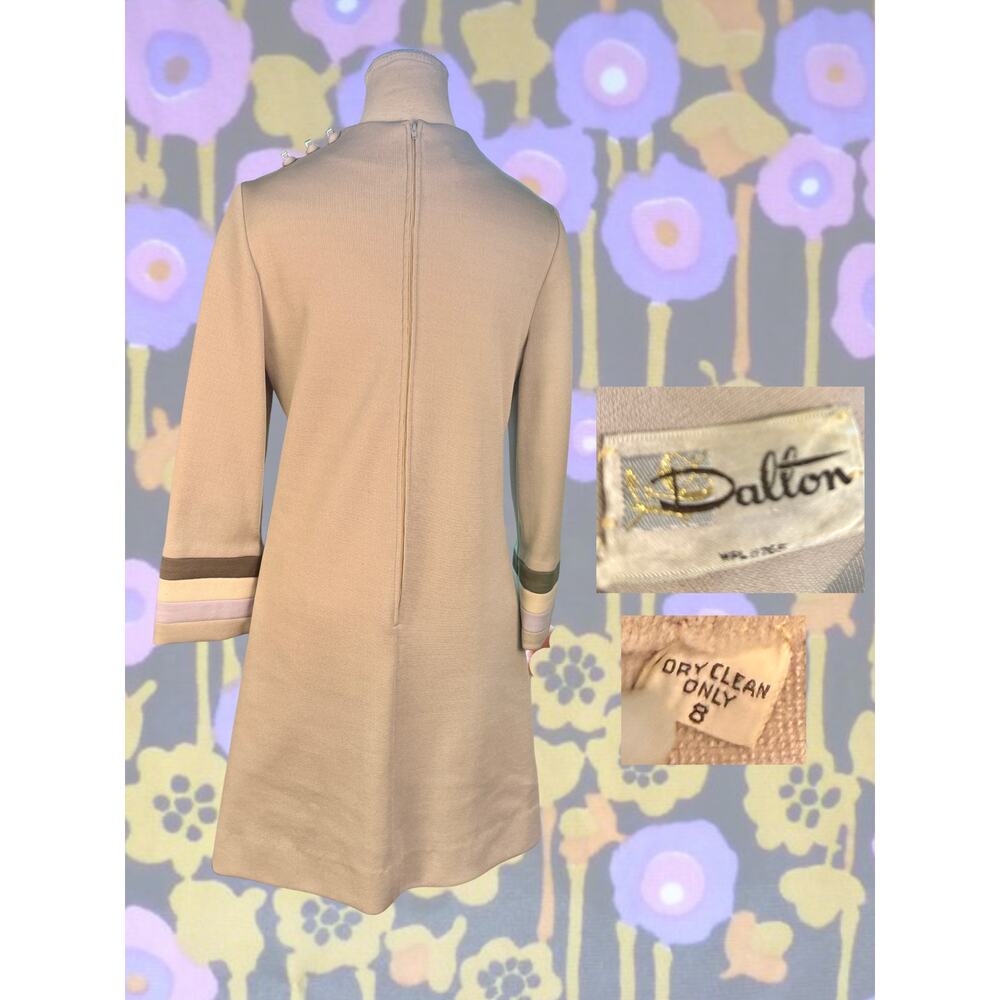 Vintage 60s Dalton Camel Knit Dress Structural Funnel Neck Multi-Stripe Trim 8 - Picture 4 of 4